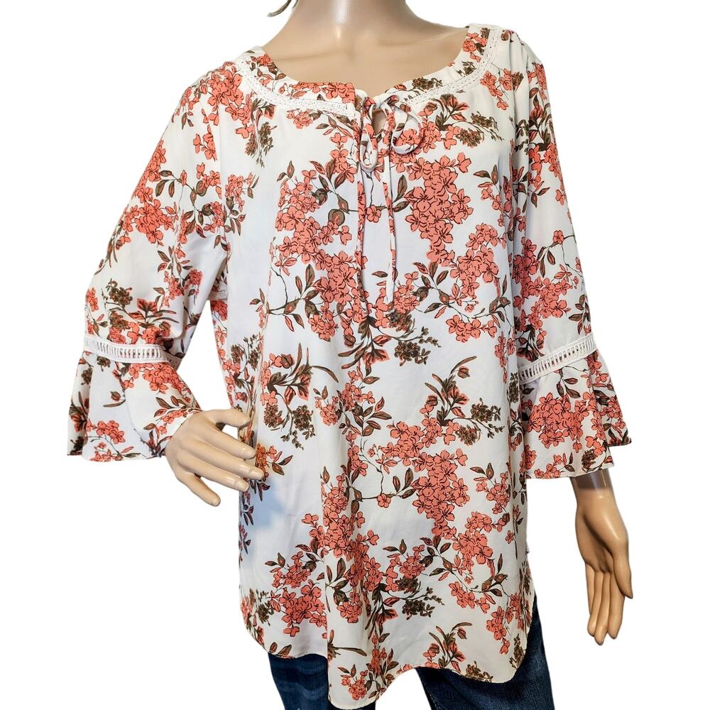 Christopher & Banks Floral Polyester 3/4 Sleeve Tie-neck Top Size Large